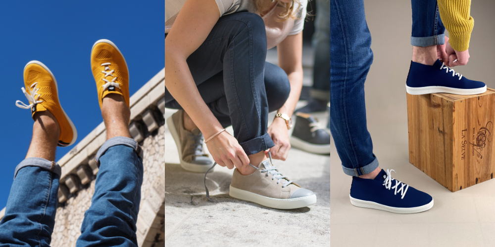 Baskets recyclées jaune et bleu marine et chaussures en cuir gris