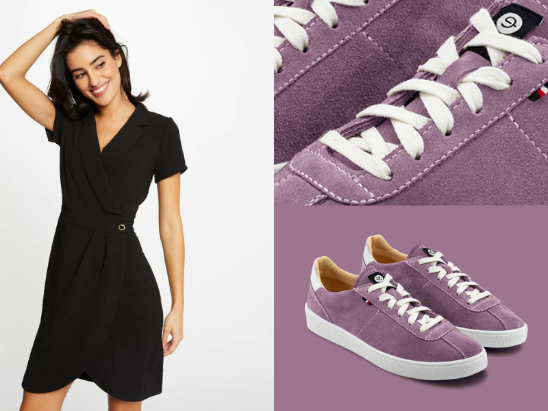 robe élégante noire et chaussures en cuir violette