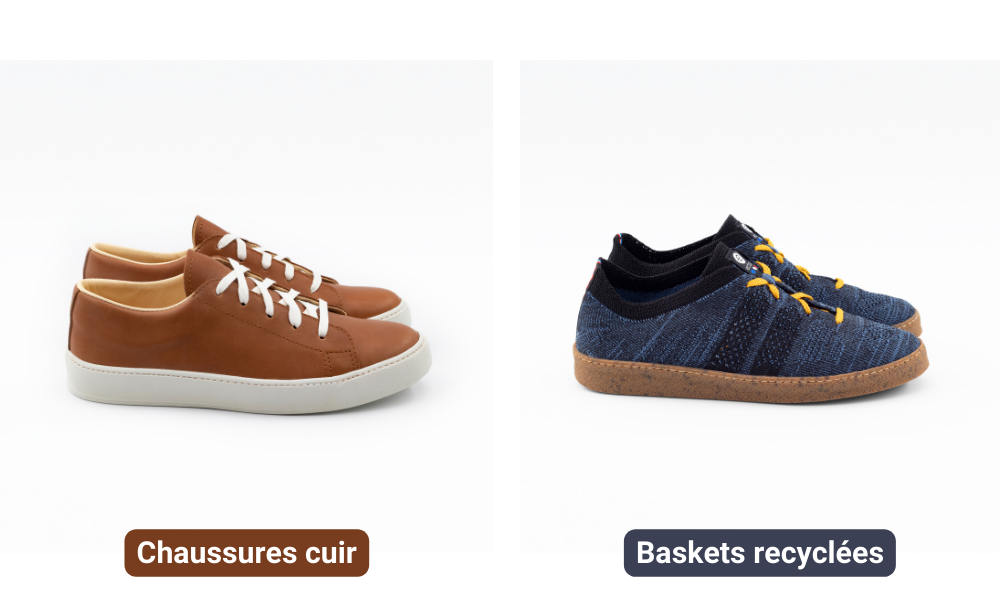 Chaussures en cuir françaises marron et baskets recyclées bleu nuit