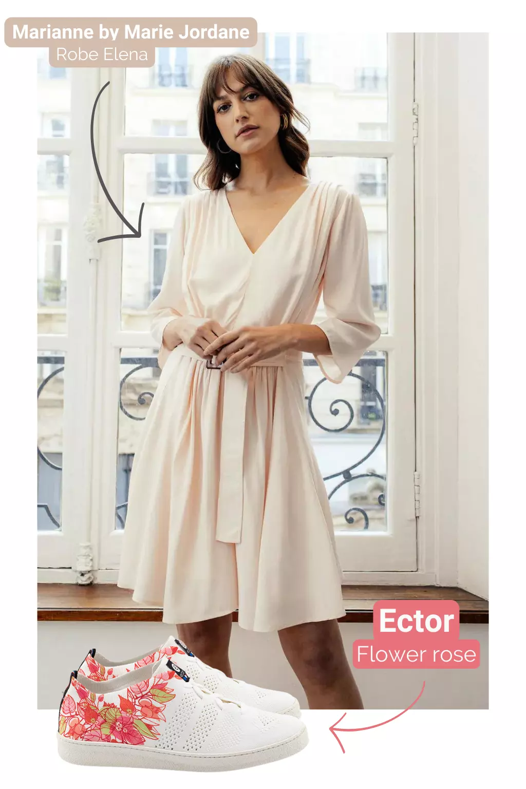 Sneakers made in france fleurs roses avec une robe