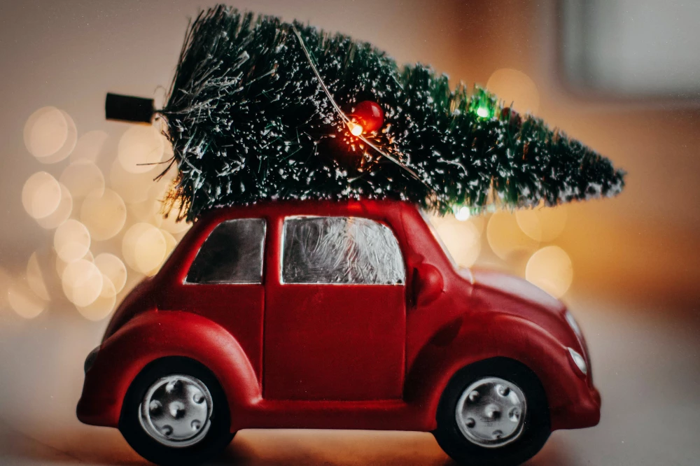 Petite voiture avec sapin sur le toit